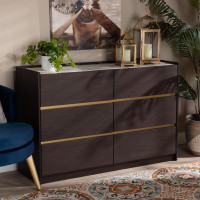 Baxton Studio LV25COD25231-Modi Wenge/Marble-6DW-Dresser Walker Modern and Contemporary Dark Brown and Gold Finished Wood 6-Drawer Dresser with Faux Marble Topt
